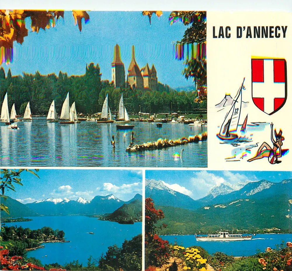 Lac d'Annecy — Panoramablick mit Schloss und Bergen — Verleger nicht sichtbar - Vorderseite