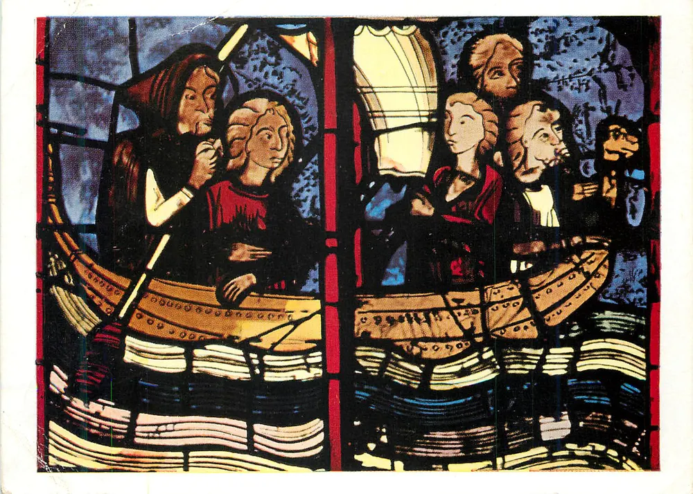 Glasfenster-Szene — Darstellung von Figuren in einem Boot — unbekannter Verlag - Vorderseite