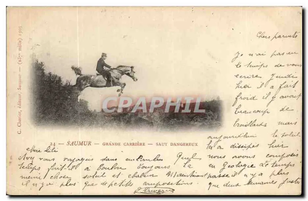 Saumur — Grande Carrière — Saut Dangereux — C. Charor, éditeur, Saumur — n° 24 - Recto