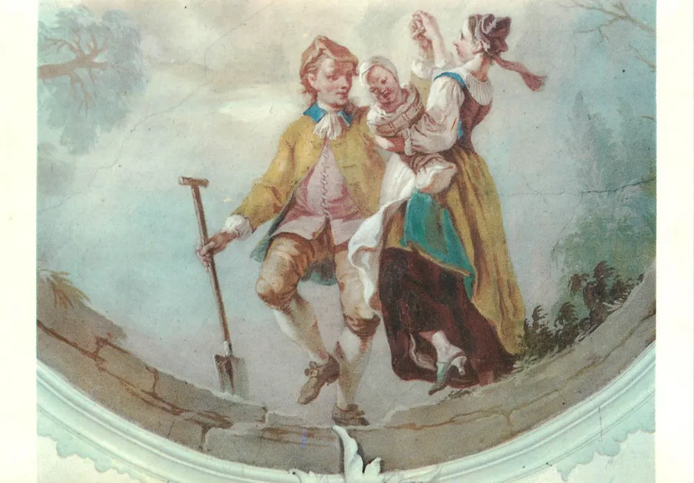 Scena ogrodowa — para w strojach epokowych — wydawca nieznany - Awers