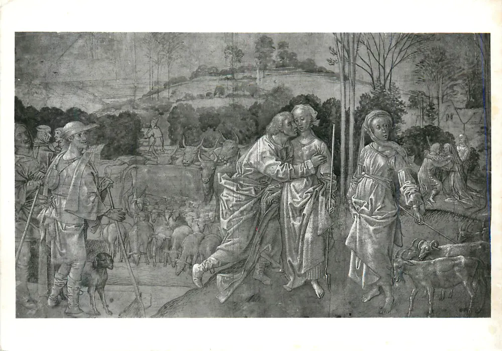 Pastoraler Treffpunkt — Szene aus einer pastoralen Szene mit einem Kussenden Paar — Monochrome Gravur - Vorderseite