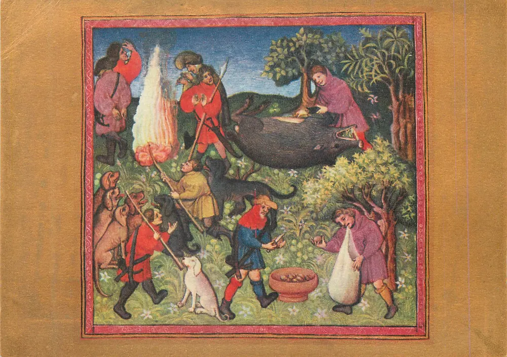 Caça ao javali — cena de caça medieval — gravura ou miniatura - Frente