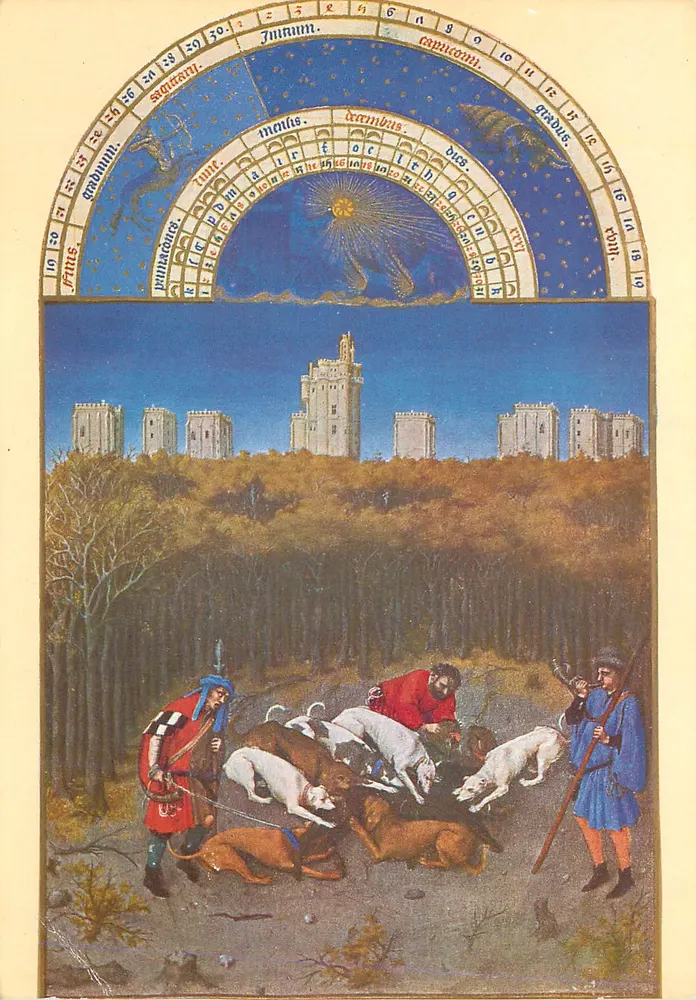 Jäger und Hunde vor einem Schloss — Illustration inspiriert von der Miniatur des Almanach de l'abbaye de Saint-Denis — Verlag unbekannt - Vorderseite