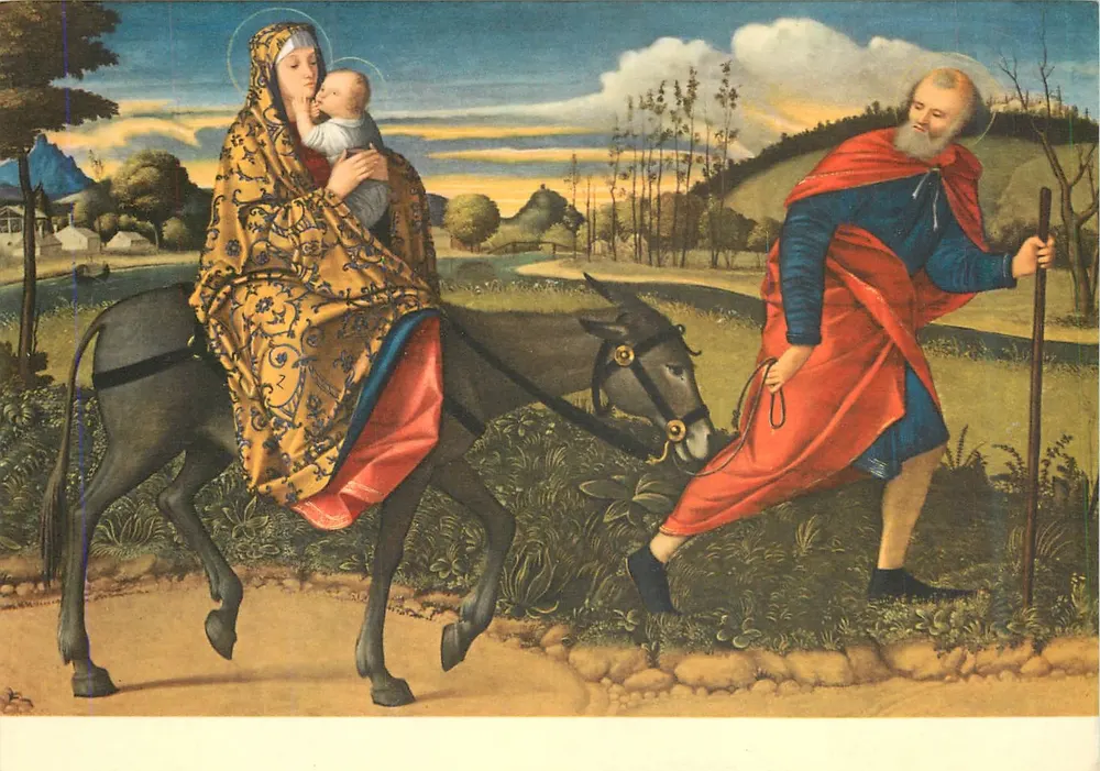 Santa Maria com o Menino Jesus e São João Batista — reprodução de uma pintura italiana — editor não visível - Frente