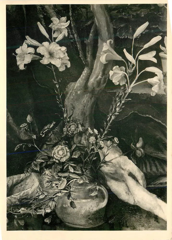 Natureza morta com lírios e flores — gravura ou reprodução — editor e número de série não legíveis - Frente