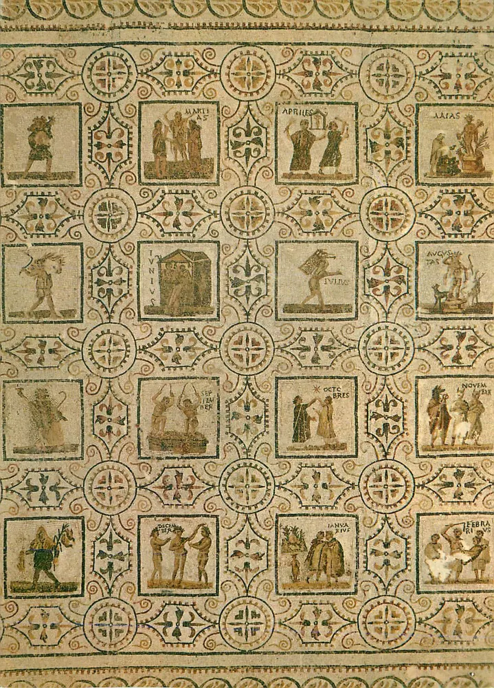 Mosaik der Monate des Jahres — Darstellung der zwölf römischen Monate — unbekannter Verlag, Seriennummer nicht sichtbar - Vorderseite