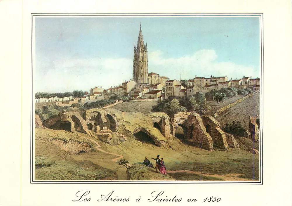 Die Arènes in Saintes im Jahr 1850 — historische Ansicht — farbige Gravur - Vorderseite