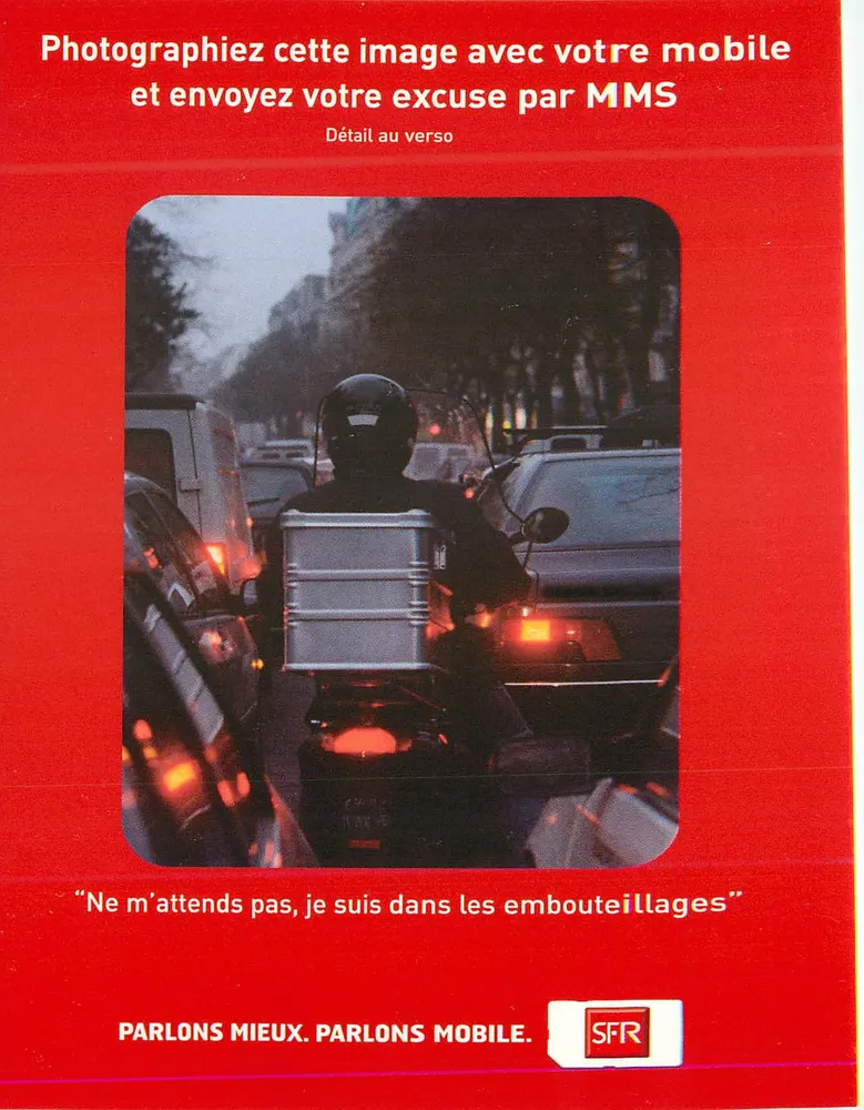 Motorradfahrer im Stau — Werbung für SFR — SFR - Vorderseite