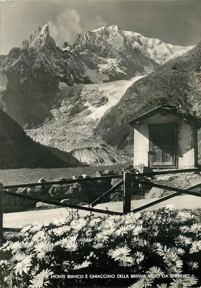 Monte Bianco und Gletscher der Brenva von Entreves gesehen — alpine Aussicht mit kleinem Holzhaus und Blumen - Vorderseite