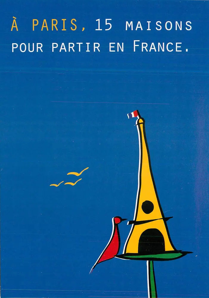 In Paris, 15 Häuser, um nach Frankreich zu reisen — stilisierte Illustration der Eiffelturm mit französischer Flagge und rotem Vogel - Vorderseite
