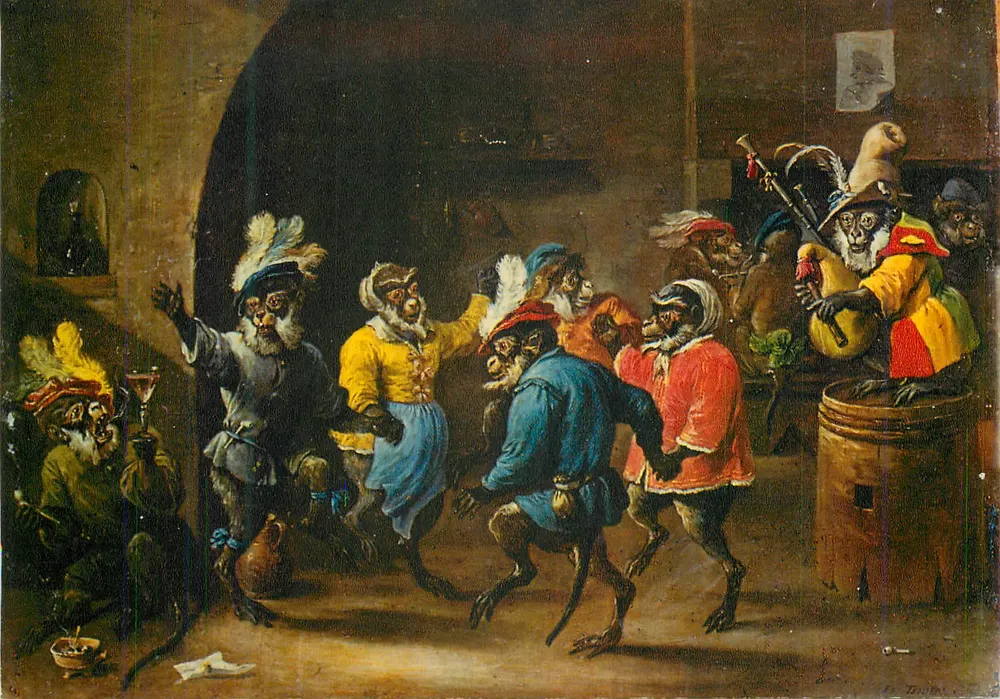 Szene mit Affen in historischem Kostüm — Ölmalerei — E. Terlinden - Vorderseite