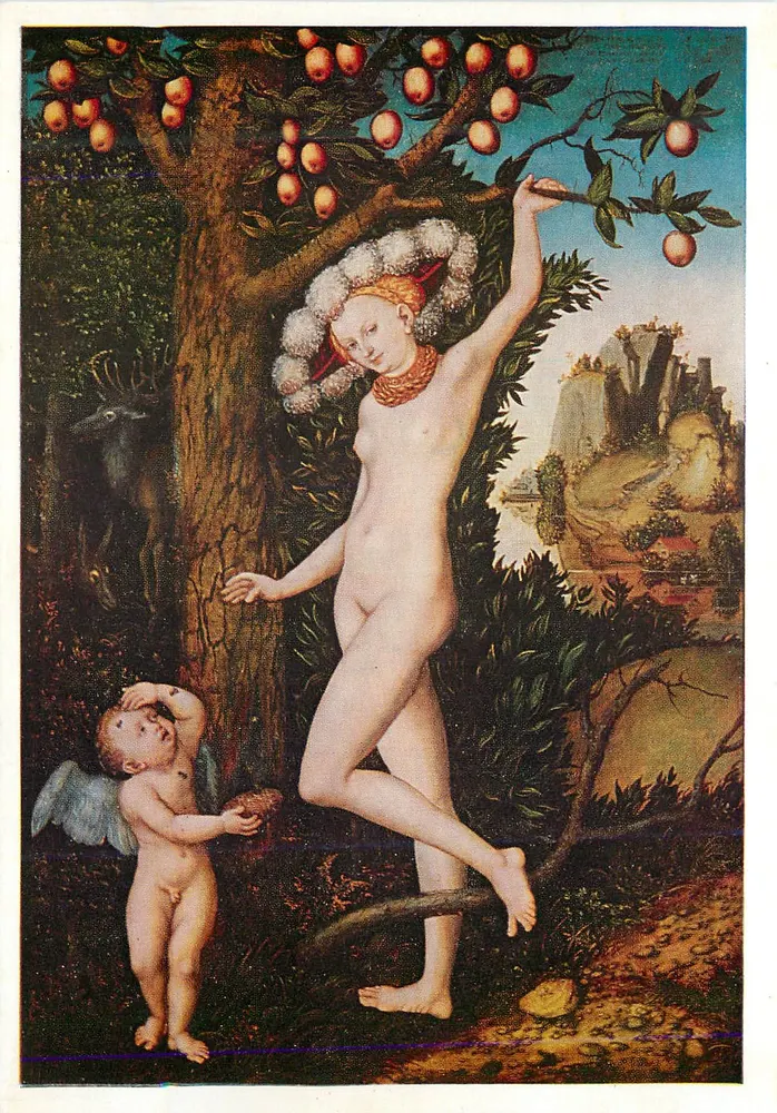 Adán y Eva — escena de la caída — reproducción de una pintura de la escuela de Núremberg - Anverso