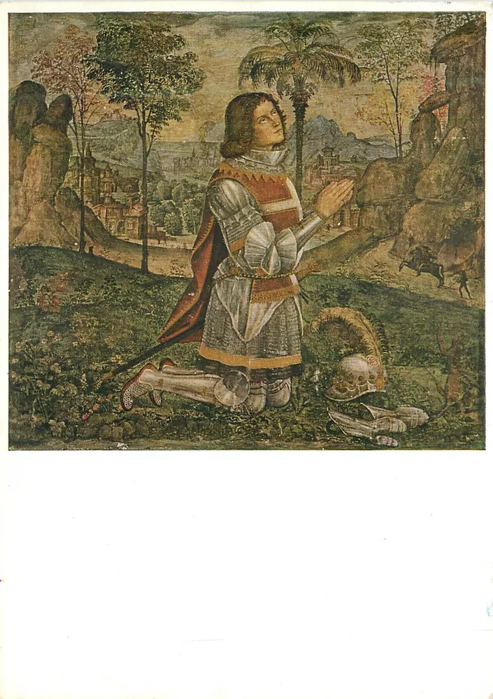 Cavaleiro em oração — paisagem com crânio e cidade no fundo — reprodução de arte - Frente
