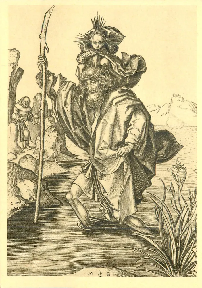 Heiliger Johannes der Täufer mit dem Kind Jesus — Kupferstich von Martin Schongauer — Verlag nicht sichtbar - Vorderseite