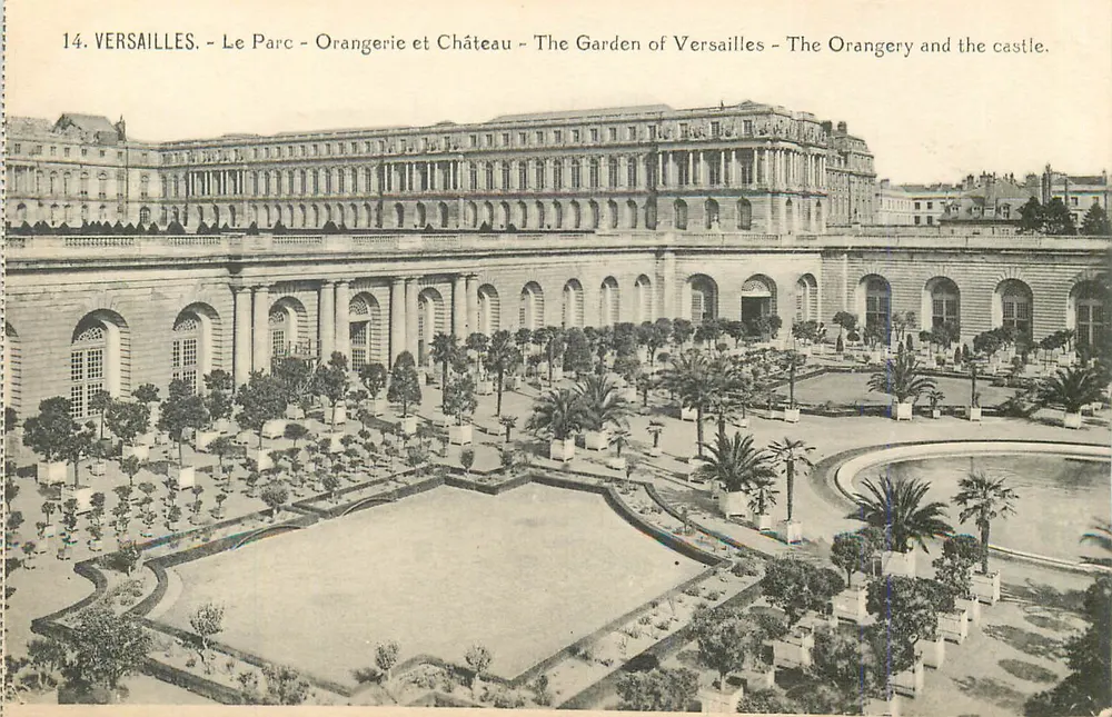 Versailles - O Parque - Orangerie e Castelo - O Jardim de Versailles - A Orangerie e o castelo. - Frente