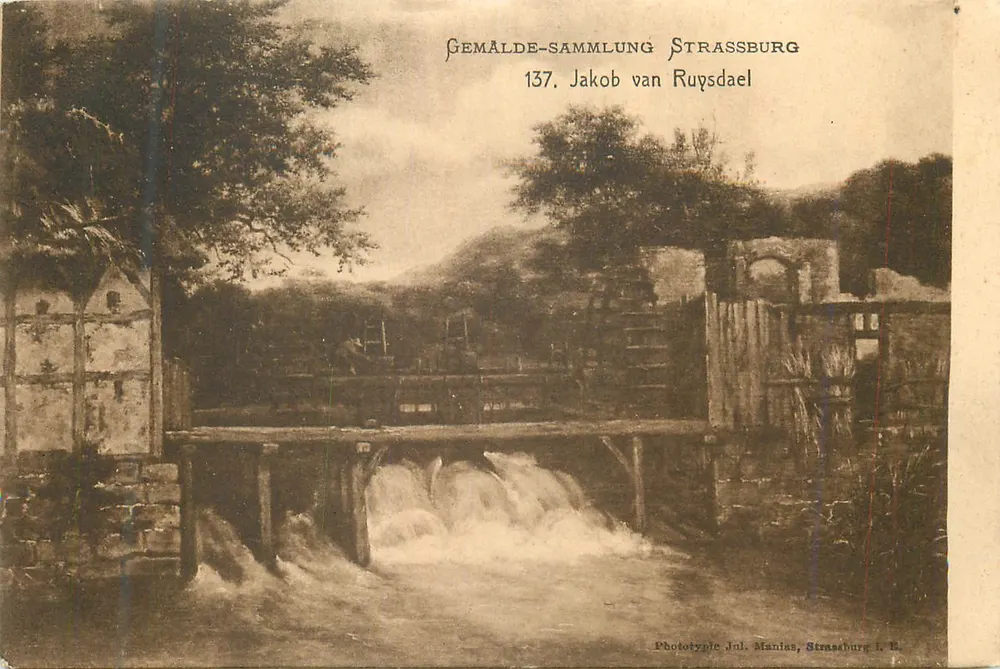 Vista de cachoeira — coleção de quadros de Strasbourg — Jakob van Ruysdael — Fototipia Jnl. Manias, Strasbourg I. E. - Frente