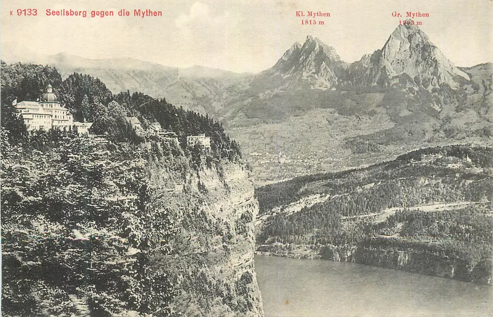 Seelisberg contra as Mythen — vista panorâmica com as montanhas Kl. Mythen (1815 m) e Gr. Mythen (1993 m) — editor K 9133 - Frente