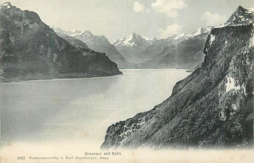 Urnersee com Rütli — vista panorâmica — Postkartenverlag v. Karl Engelberger, Stans, n° 1635 - Frente