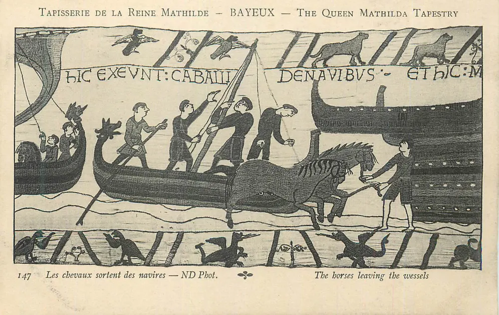 Tapisserie der Königin Mathilde — Bayeux — Szene der Pferde, die aus den Schiffen kommen — ND Fotografie - Vorderseite