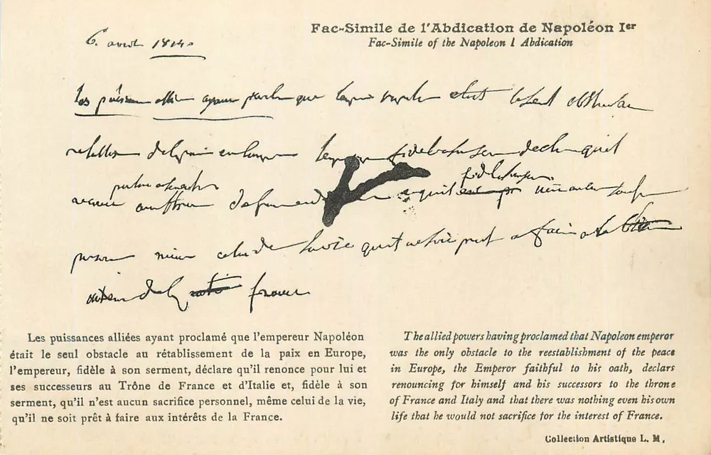 Abdicação de Napoleão I — Fac-Simile — Coleção Artística L. M. - Frente