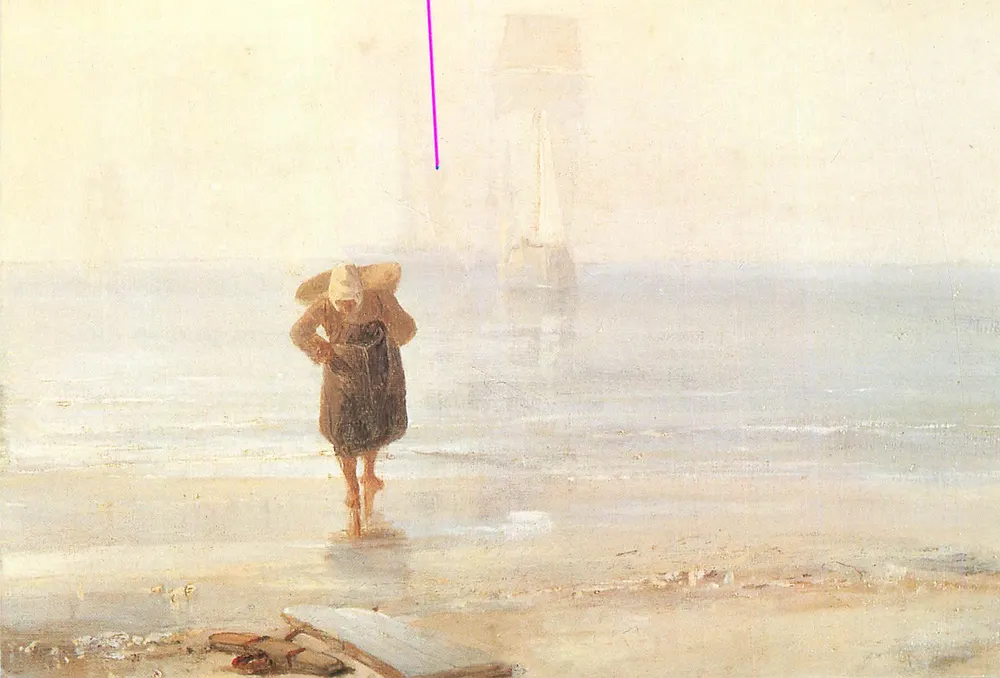 Donna con cappello su una spiaggia — atmosfera nebulosa — pittura ad olio - Recto