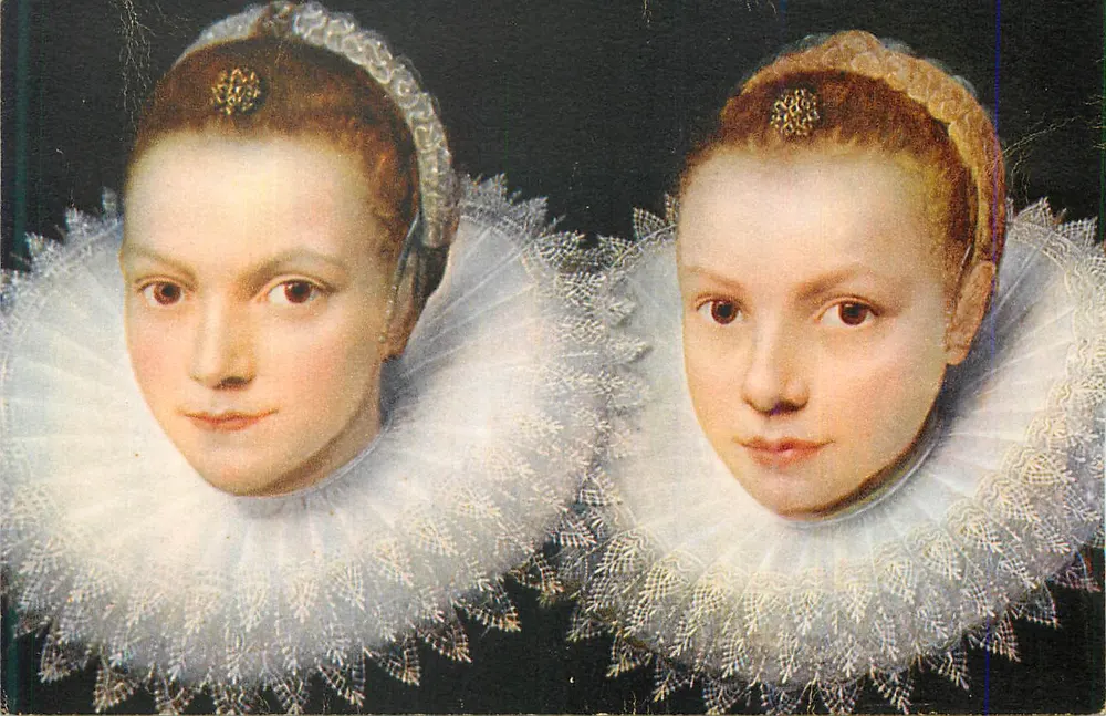 Retrato de duas jovens mulheres — época Renascentista — editor desconhecido, número de série ilegível - Frente