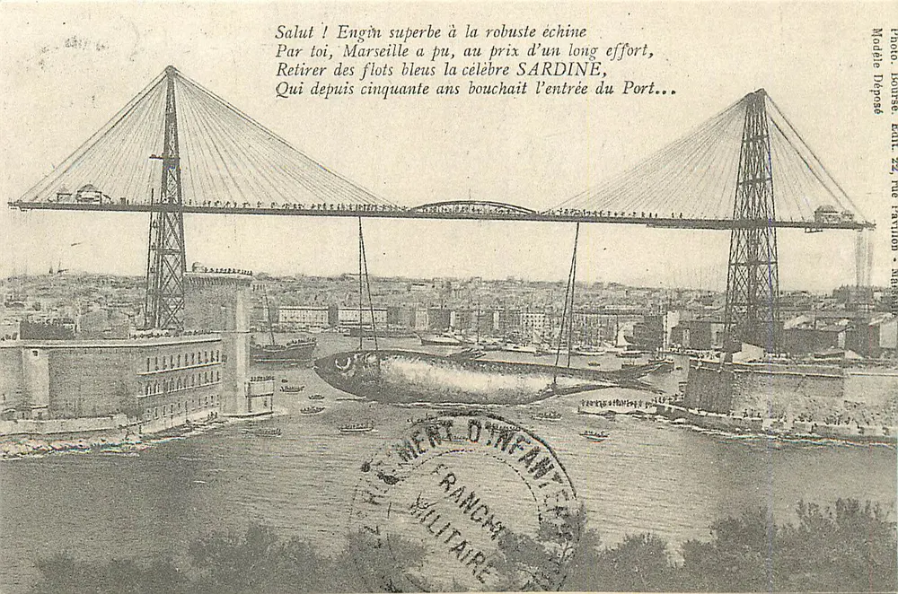 Ponte suspensa em Marselha — vista do porto com poema — Foto Lourde, depósito 22, rua Pavillon - Frente