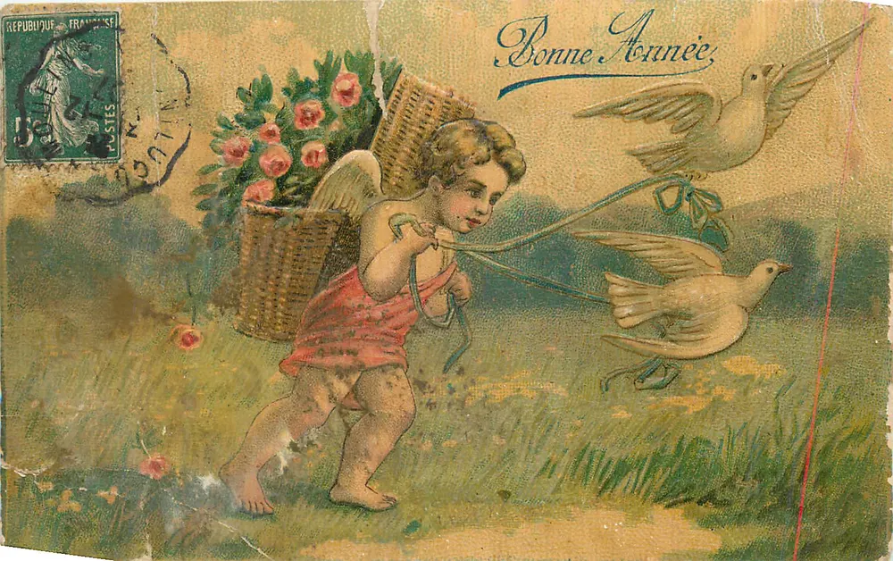 Cupidon com cesta de rosas e pomba — Boa Ano — editor desconhecido - Frente