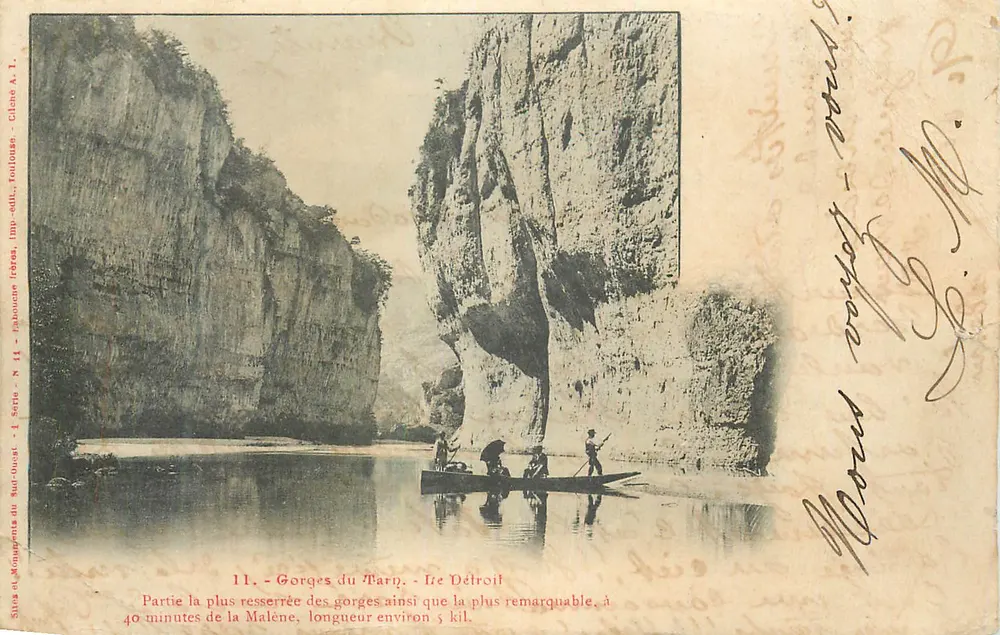 Gorges do Tarn - O Détroit — Parte mais estreita das gorges, comprimento aproximadamente 5 quilômetros — Editor: Impr. A. Toulousse, Série N° 11 - Frente