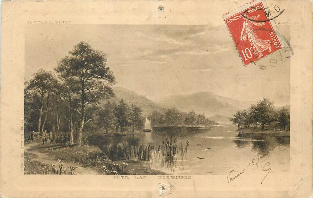 Mały jezioro Binnensee — krajobraz jeziora z łodzią — H. Colls, Pinxt - Awers