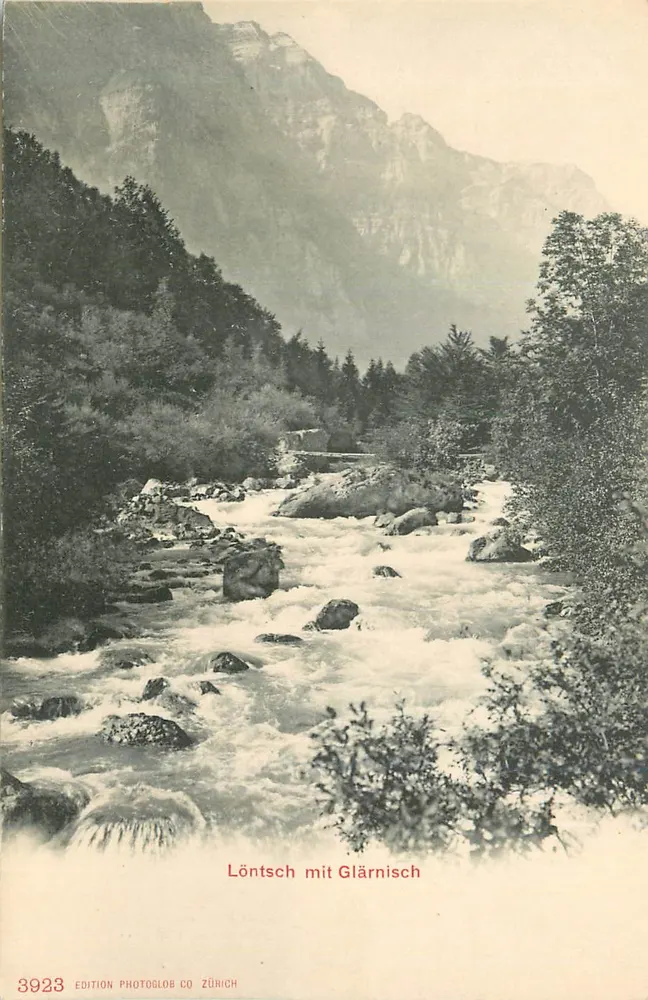 Löntsch mit Glärnisch — vista do rio entre montanhas — ÉDITION PHOTOSLOB CO ZÜRICH n°3923 - Frente