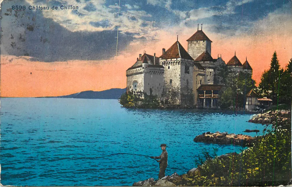 Zamek Chillon — widok panoramiczny w zachodzie — wydawca nieznany, nr seryjny 8598 - Awers