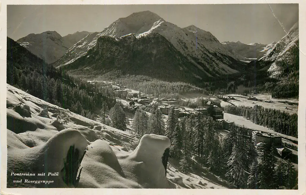 Pontresina com os montes Palü e Roseggruppe — vista invernal - Frente