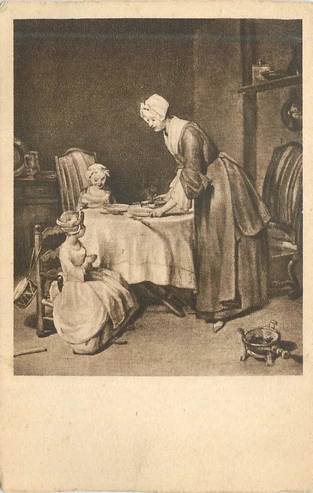 Cena de cozinha — mulher servindo à mesa — gravura - Frente