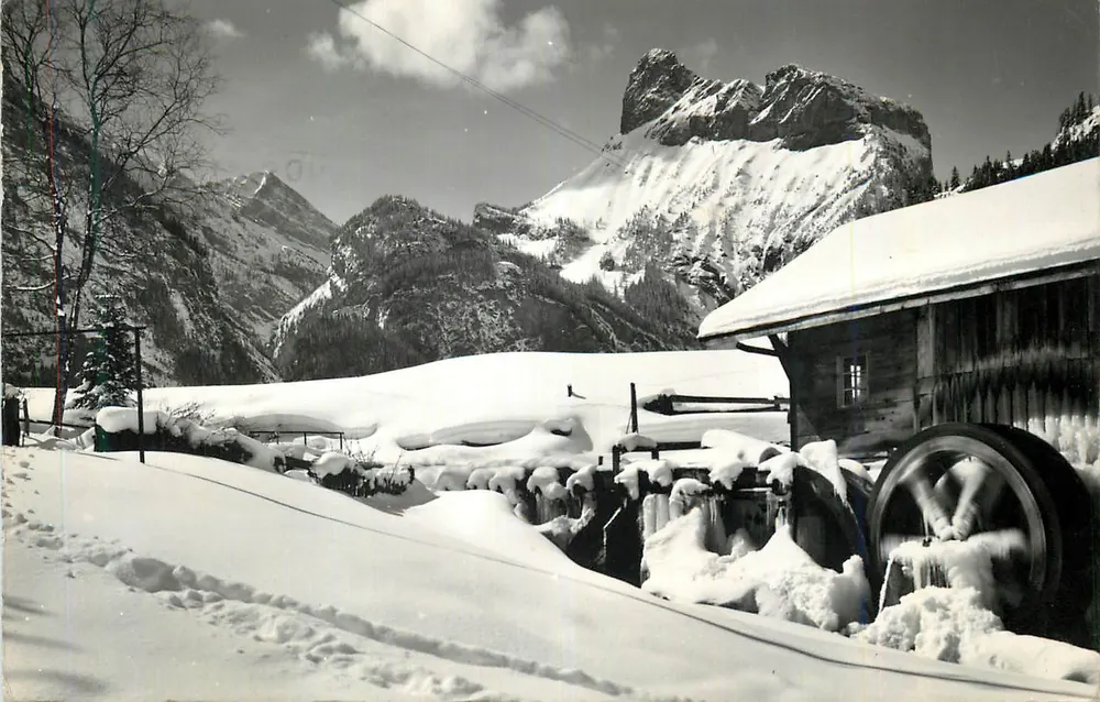 Paisagem invernal com moinho de água — Alpes bávaros — editor não identificado - Frente