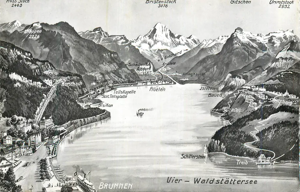 Lago de Walenstadt — vista panorâmica com montanhas e localidades — editor não visível - Frente