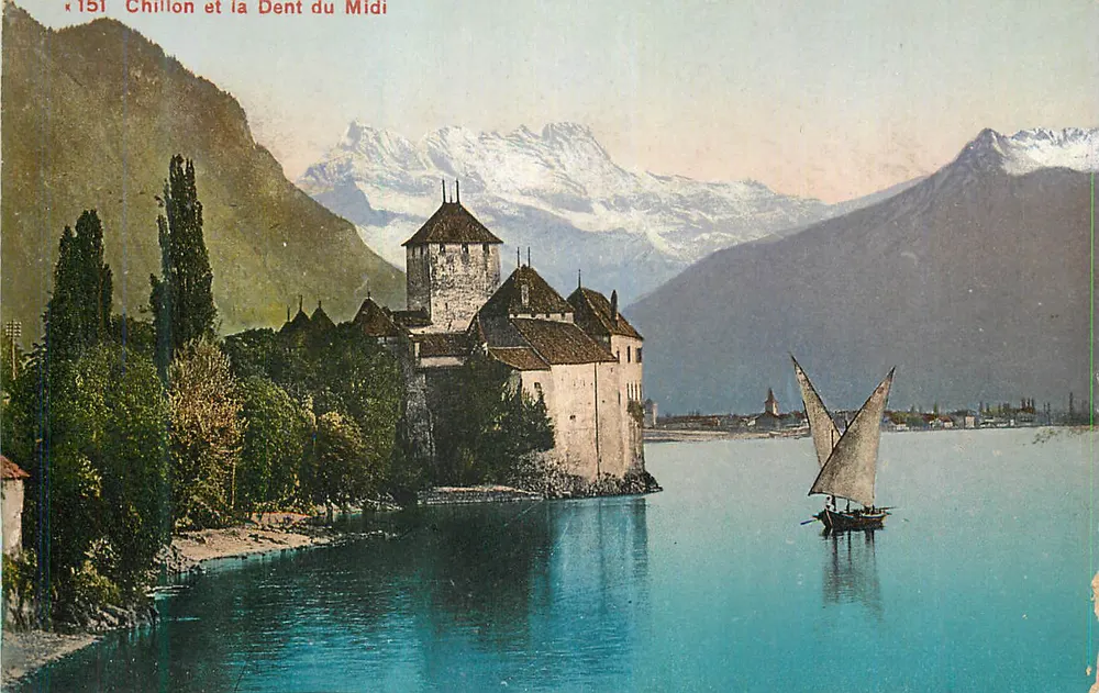 Chillon e a Dent du Midi — vista do castelo sobre o lago Léman com montanha nevada — editor não visível, número de série 151 - Frente