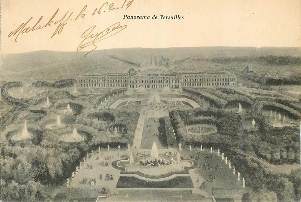 Panorama de Versalhes — vista aérea dos jardins e do castelo — editor não identificado - Frente