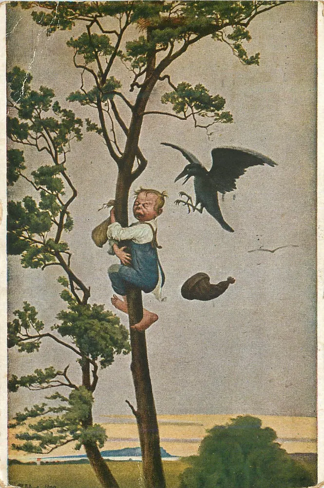 Criança em uma árvore — corvo em voo — ilustração - Frente