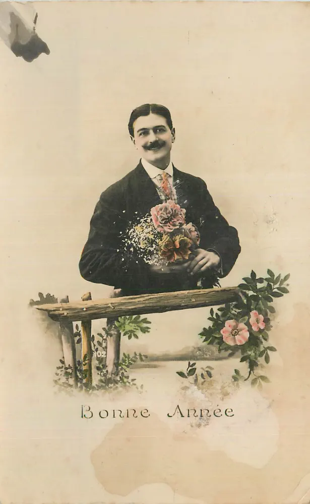 Homem com a rosa — Boa Ano — Carta postal de Natal - Frente