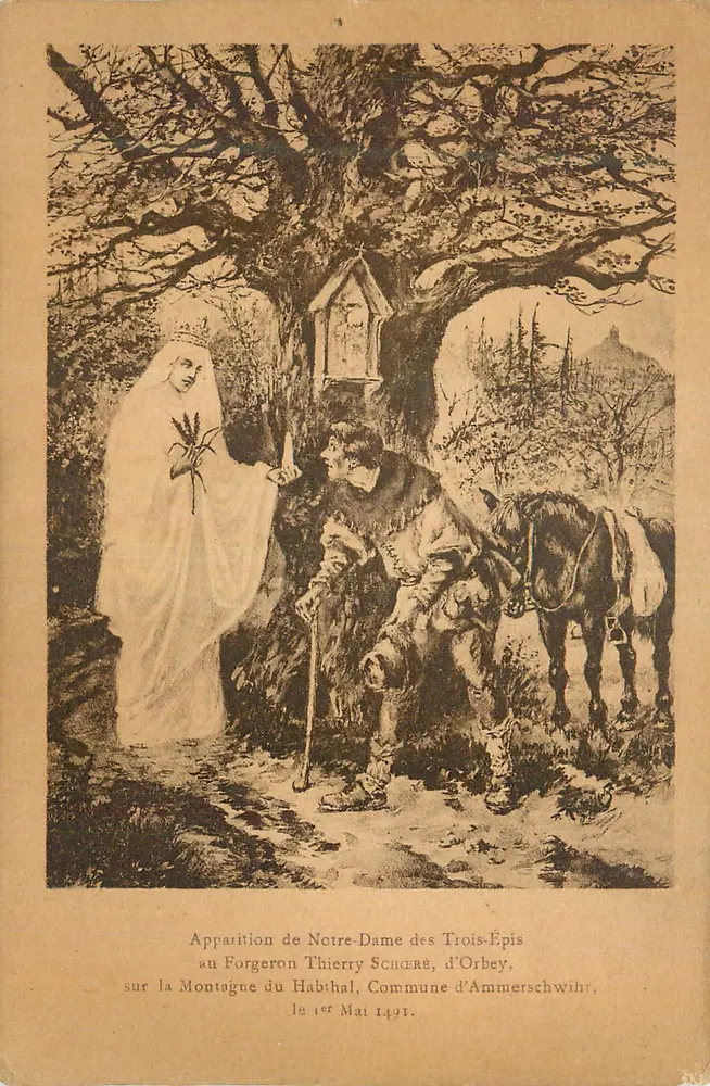 Erscheinung der Jungfrau der Drei Ähren — beim Schmied Thierry Schéré aus Orbey, auf dem Habthal, am 1. Mai 1491 — Verleger und Seriennummer nicht lesbar - Vorderseite