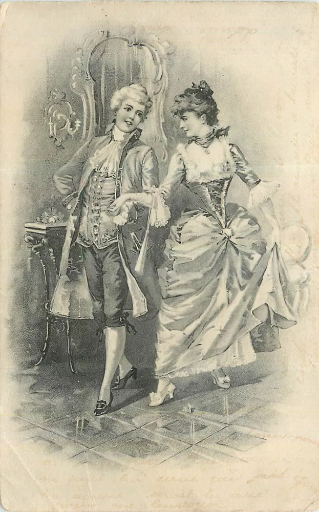 Couple en costume d'époque — scène intérieure avec miroir et chandelier — éditeur anonyme - Frente