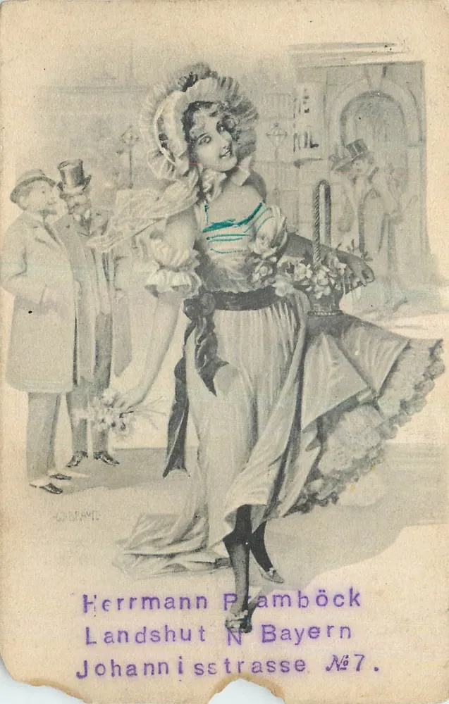 Mulher em traje bávaro — cena de rua — editor Herrmann Pramböck, Landshut, Bavária, n°7 - Frente