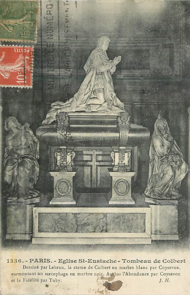 Paris - Igreja de São Eustáquio - Túmulo de Colbert — desenhado por Lebrun, estátua em mármore branco por Coysevox, sarcófago em mármore preto, abundância e fidelidade por Tuby - Frente