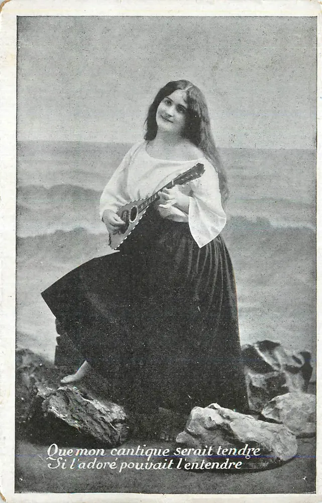 Junge Frau mit Mandoline — Seeszene — poetischer Text - Vorderseite