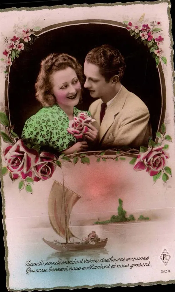 Casal amoroso — rosas e véu — editor PF, n° 604 - Frente