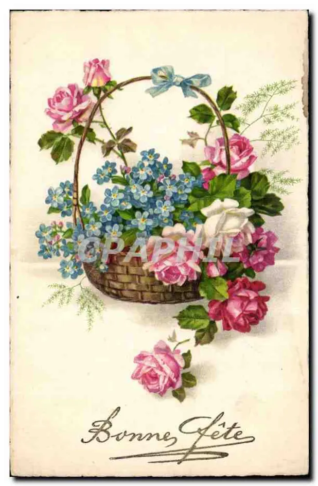 Arranjo de rosas e flores azuis — Boa Festa — Meisjner, n° 74 - Frente