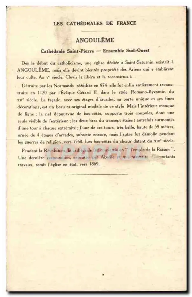 Angoulême — Catedral de São Pedro (Charente) — Coleção da Solution Paulusberge - Verso