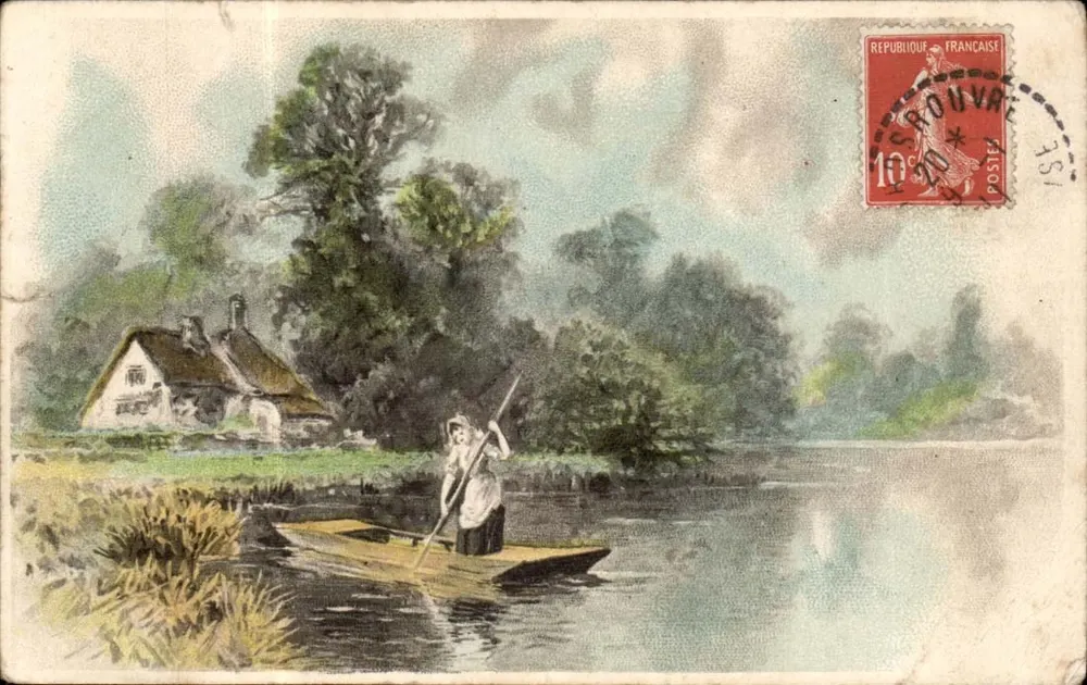 Frau in einem Boot auf einem See — ländliches Landschaftsbild — Verlag nicht sichtbar - Vorderseite