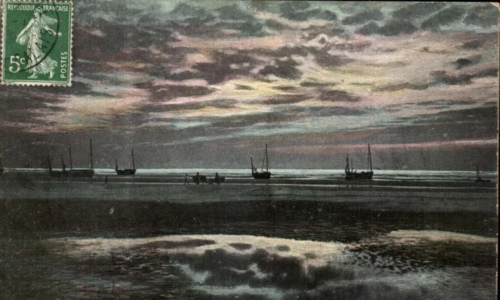 Pôr do sol na praia — Editor desconhecido, número de série não visível - Frente